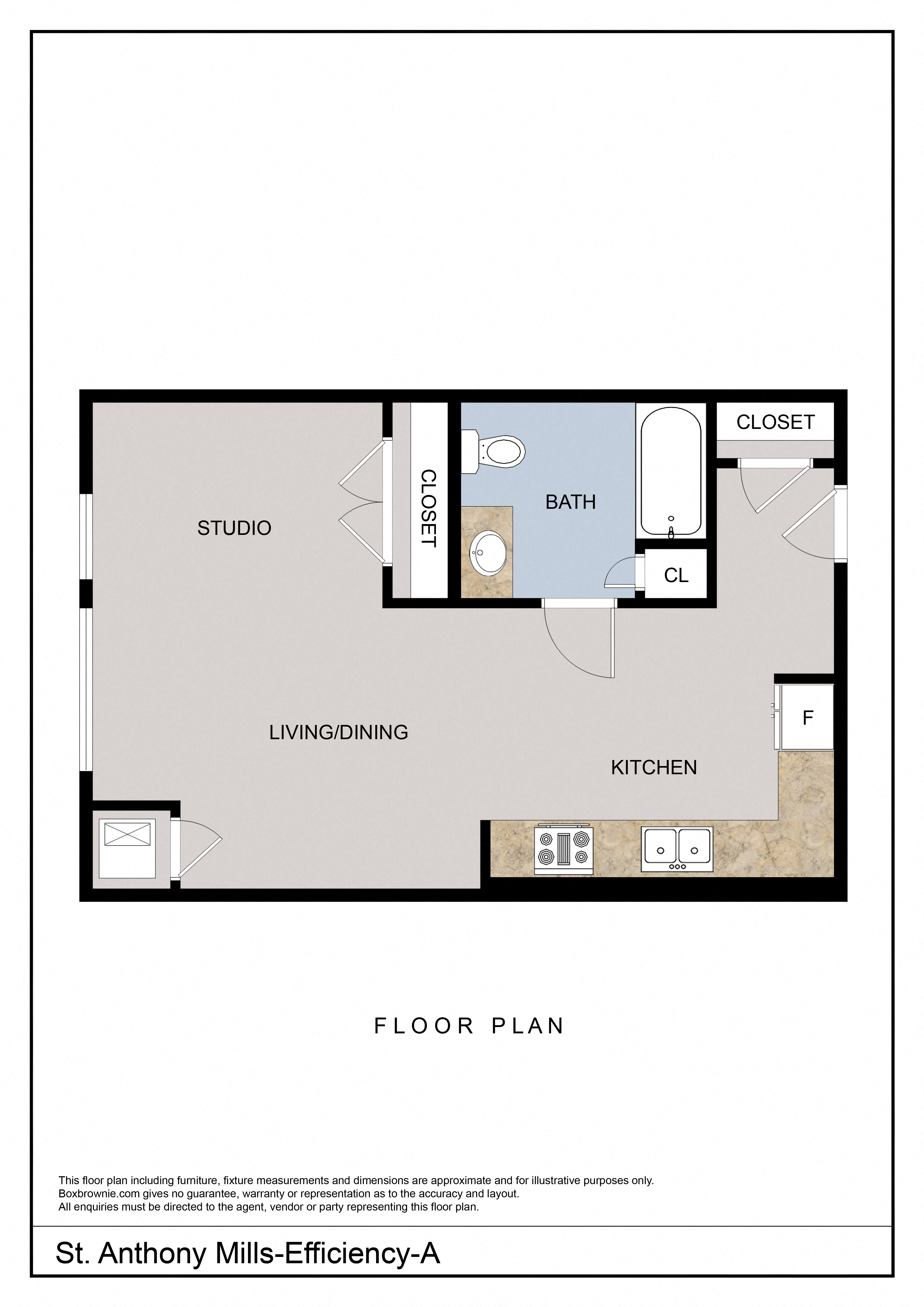 Floor plan for studio, 1 bath, 621 sqft
